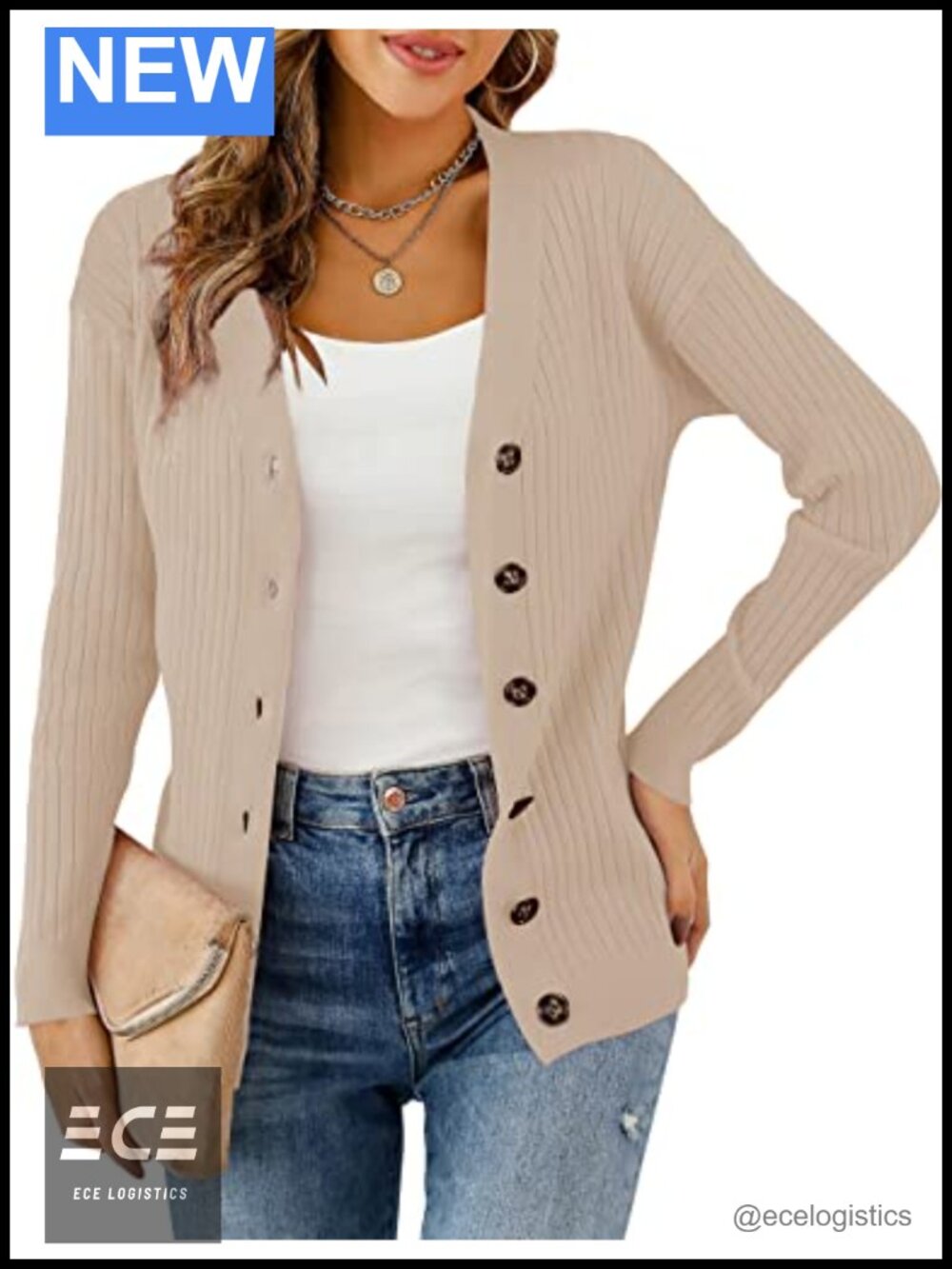 Rib Knit Button Front Cardigan Long Sleeve V Neck Sweater